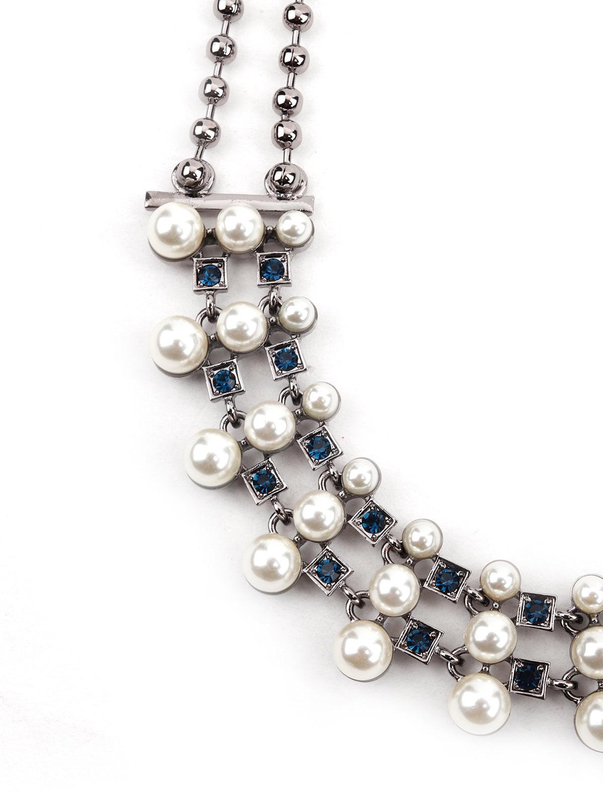 Pearl and Dark Blue Stones Necklace - Odette