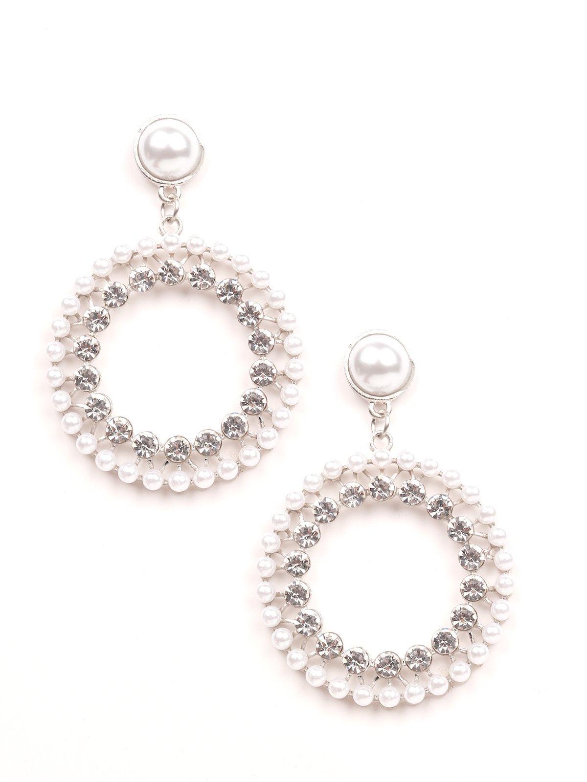 Pearl Studded Double-Layered Hoop Earrings -Silver - Odette