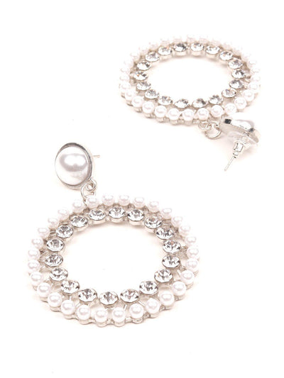 Pearl Studded Double-Layered Hoop Earrings -Silver - Odette