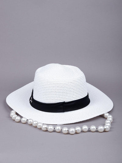 Pearly Handle White Straw Boater Hat - Odette
