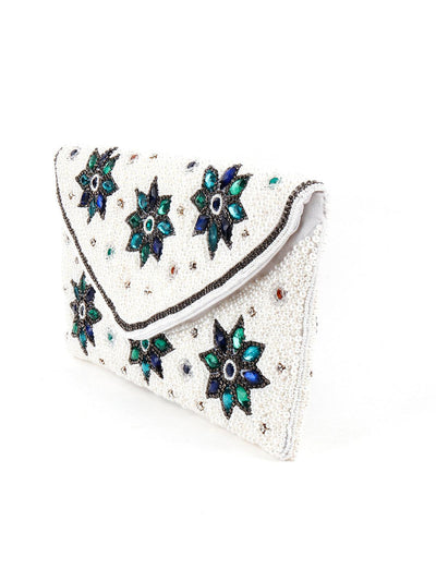 Pearly-Studded White Envelope Clutch - Odette