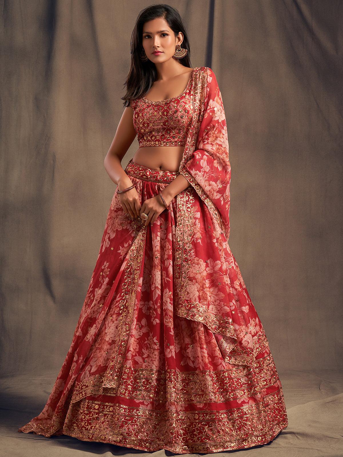 Persian red floral printed Lehenga Choli with Sequins Zari Embroidery Work - Odette