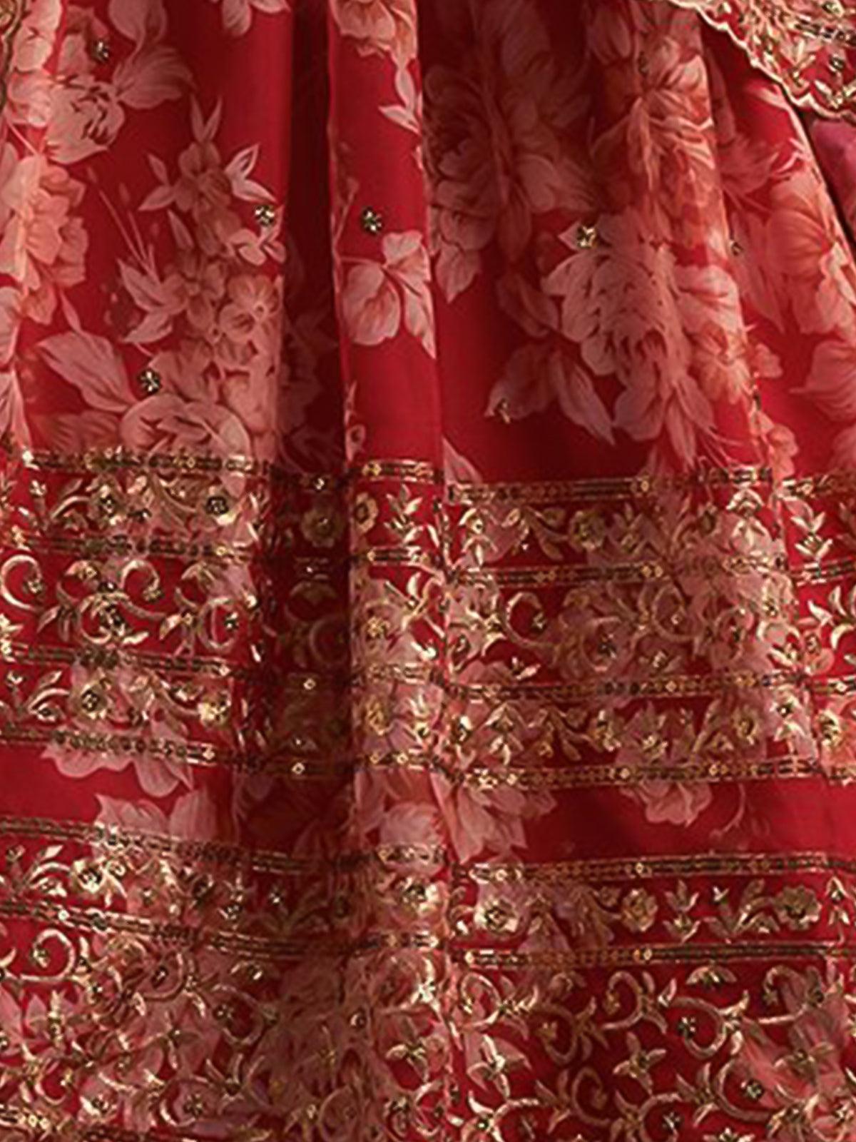 Persian red floral printed Lehenga Choli with Sequins Zari Embroidery Work - Odette