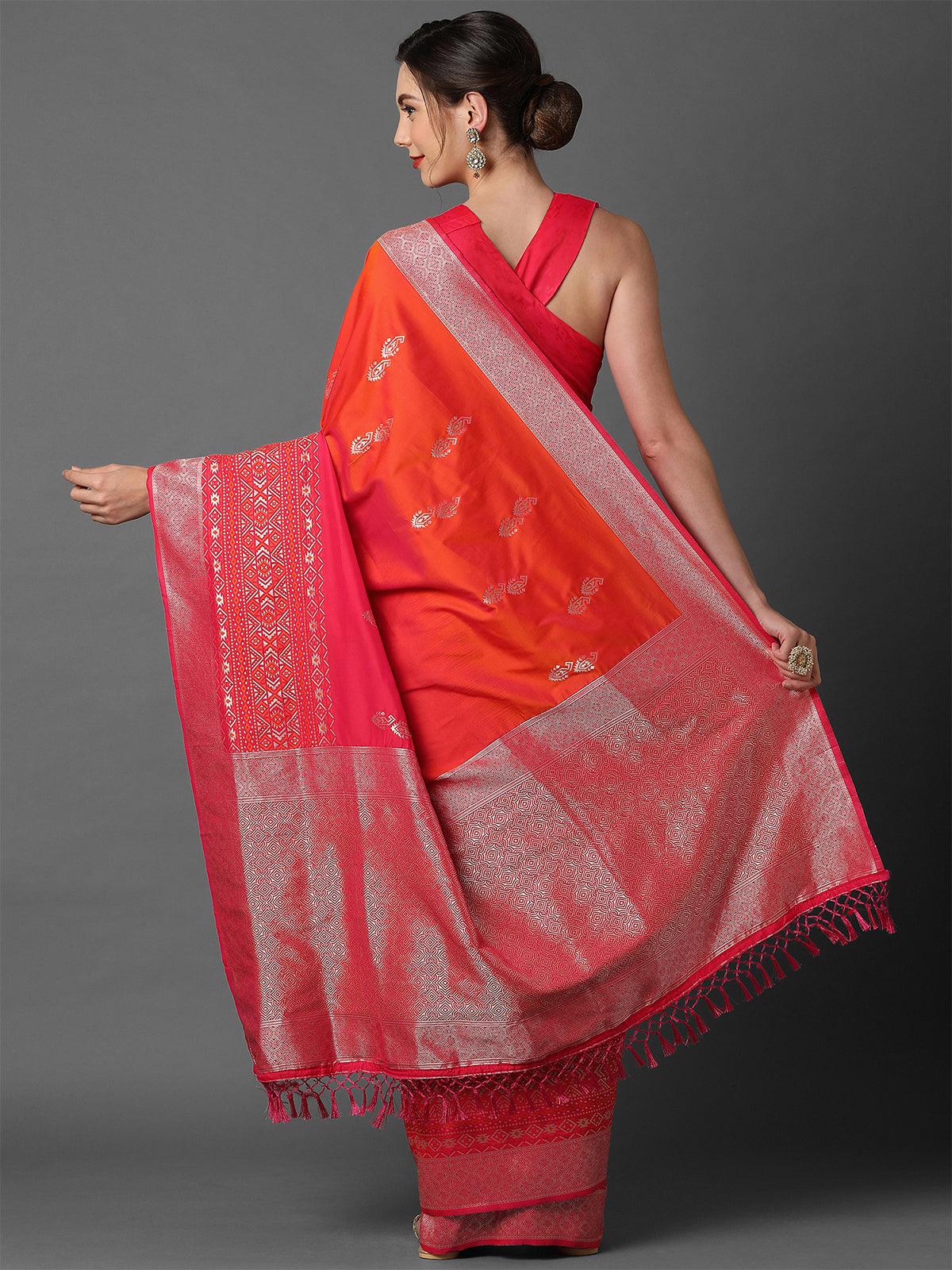 Pink & Orange Festive Silk Blend Woven Design Saree With Unstitched Blouse - Odette