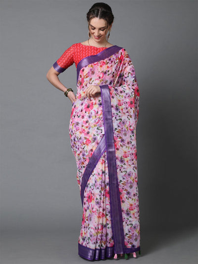 Pink & Purple Casual Linen Printed Saree With Unstitched Blouse - Odette