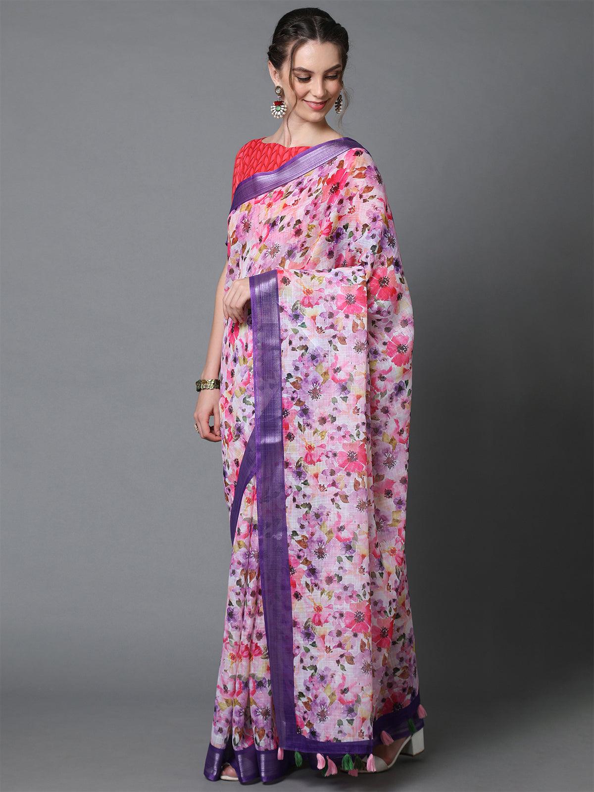 Pink & Purple Casual Linen Printed Saree With Unstitched Blouse - Odette