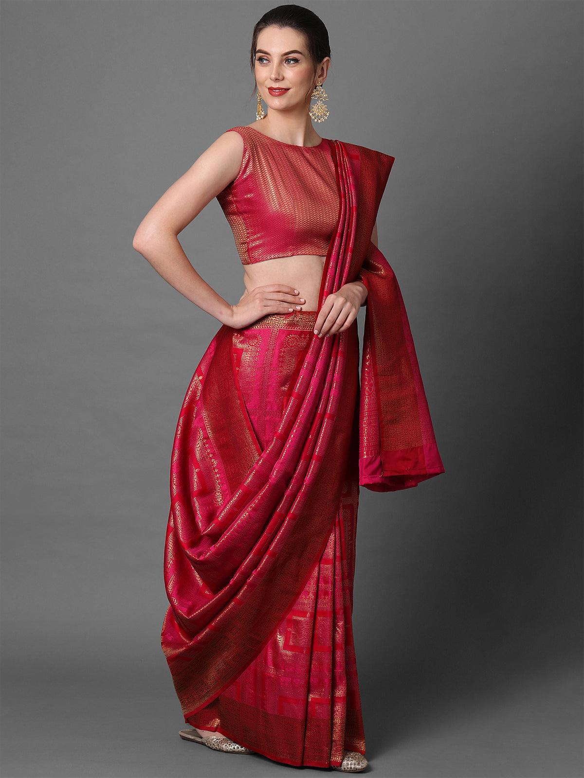 pink & red Party Wear Pure Satin Woven Design Saree With Unstitched Blouse - Odette