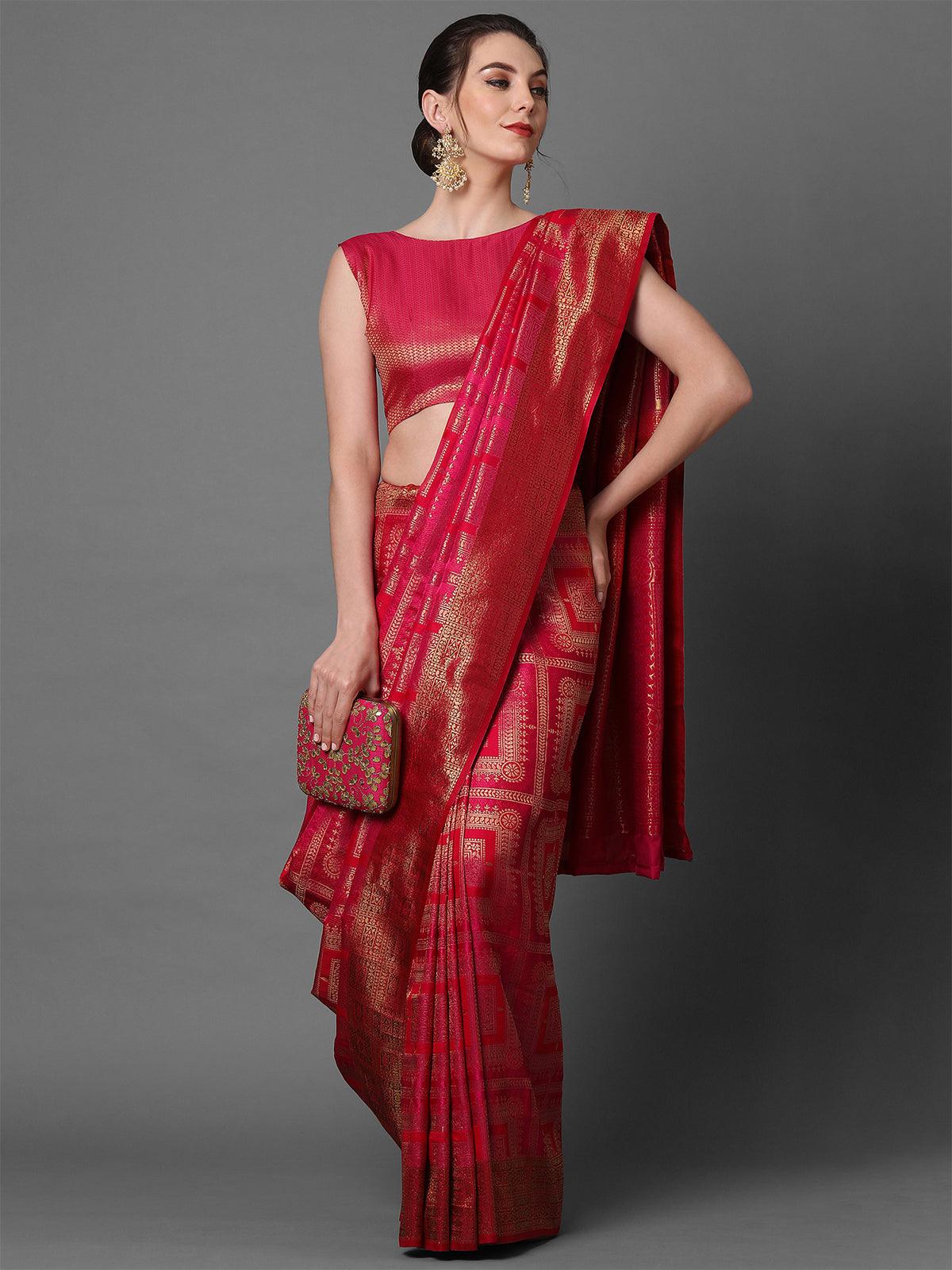 pink & red Party Wear Pure Satin Woven Design Saree With Unstitched Blouse - Odette