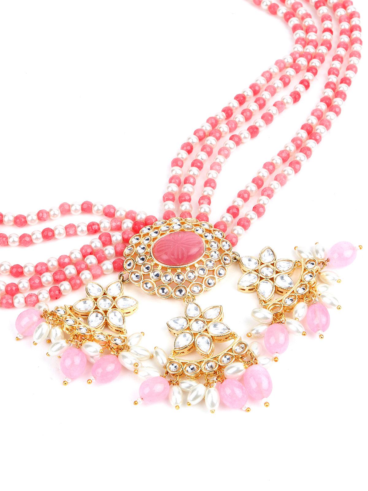 Pink and White Multi Layered Kundan Necklace - Odette
