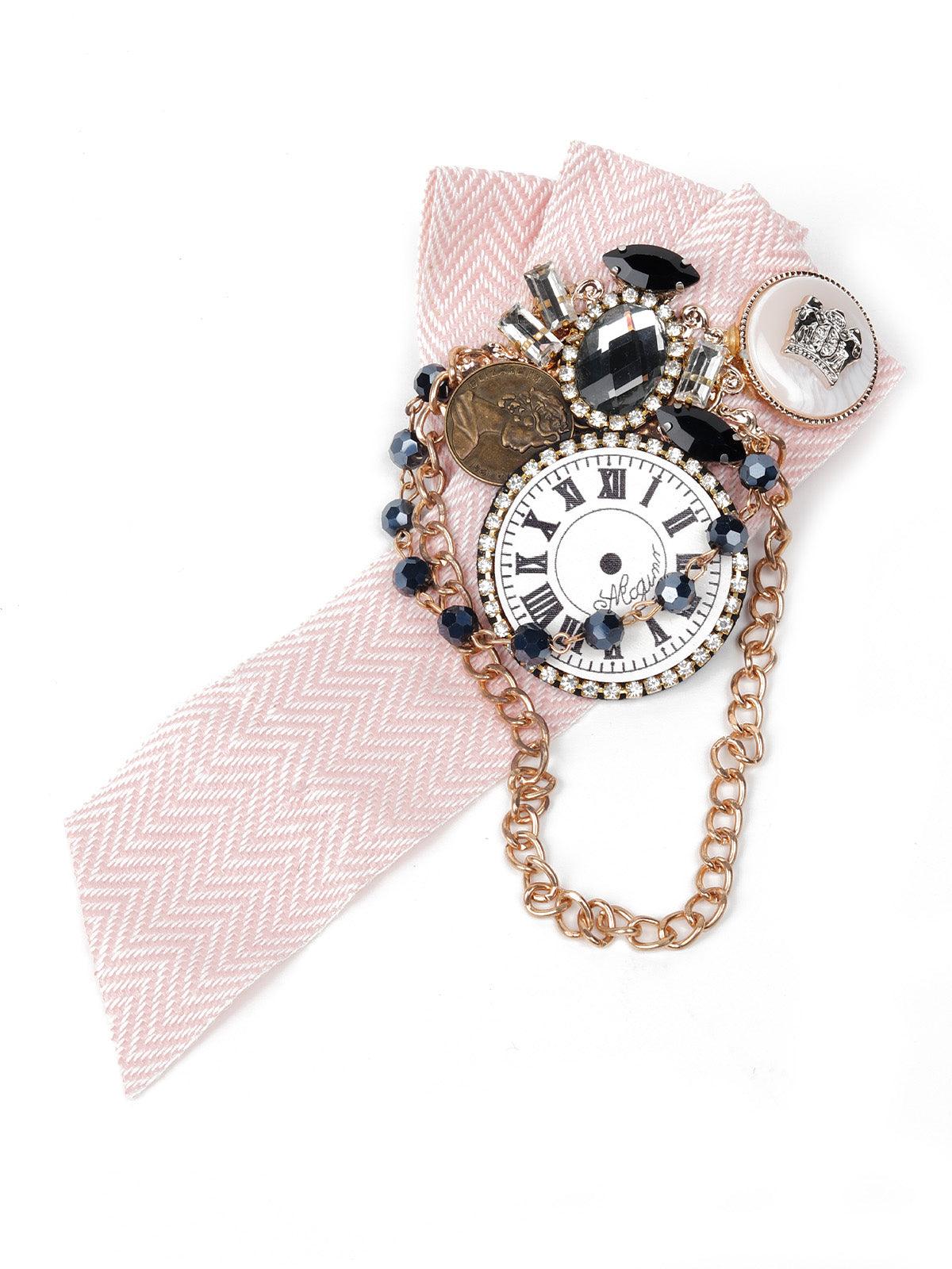 Pink antique clock themed brooch embellished with charms - Odette