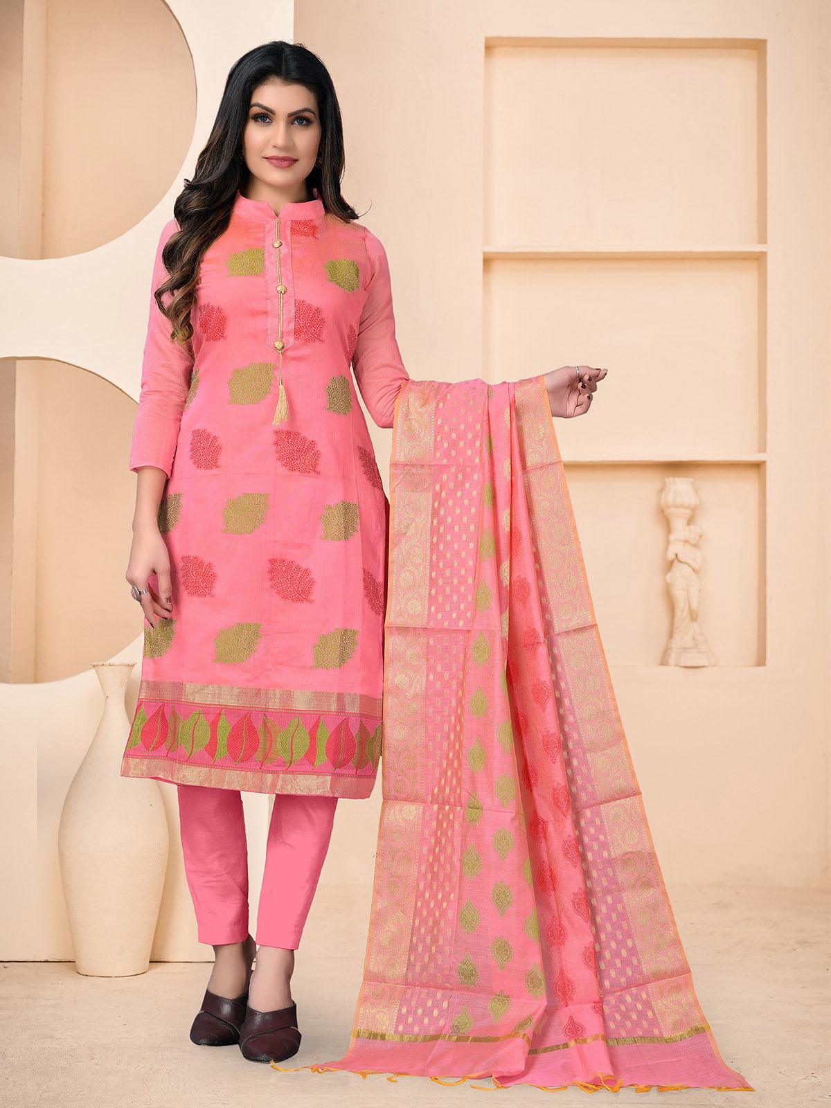 Pink Banarasi Jacquard Wevon Designer Kurta Set - Odette