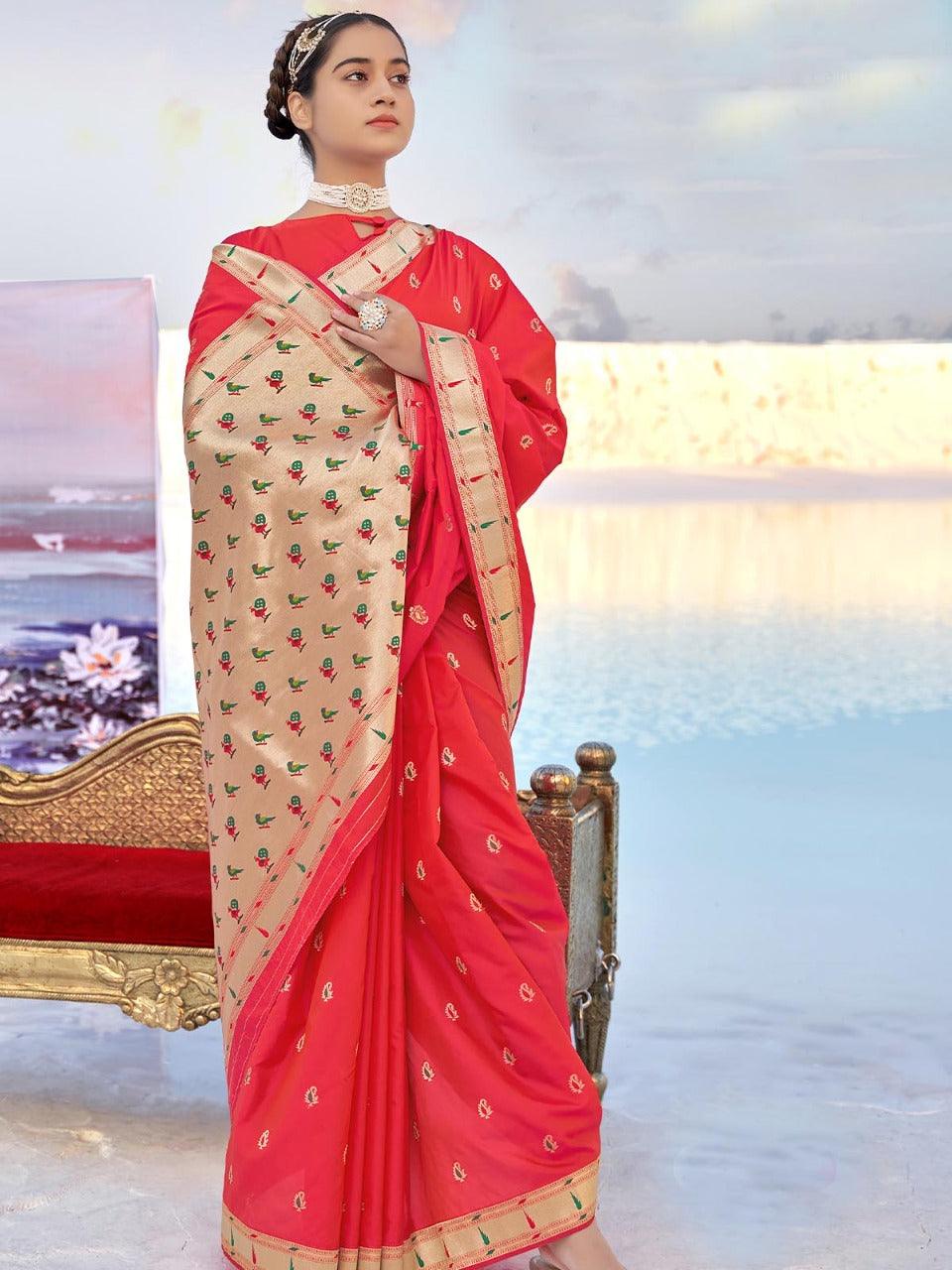 Pink Banarasi Soft Silk Woven Design Saree With Blouse Piece - Odette