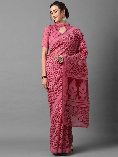 Pink Casual Brasso Printed Saree With Unstitched Blouse - Odette