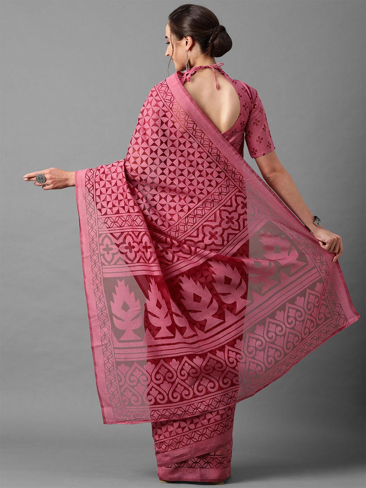 Pink Casual Brasso Printed Saree With Unstitched Blouse - Odette