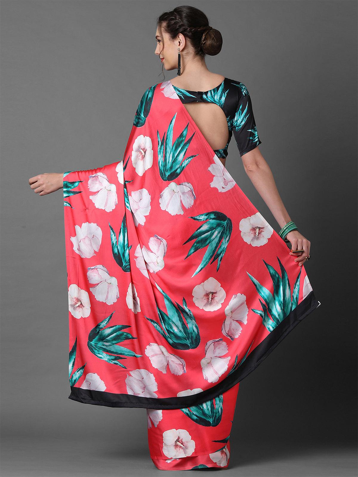 Pink Casual Crepe Printed Saree With Unstitched Blouse - Odette