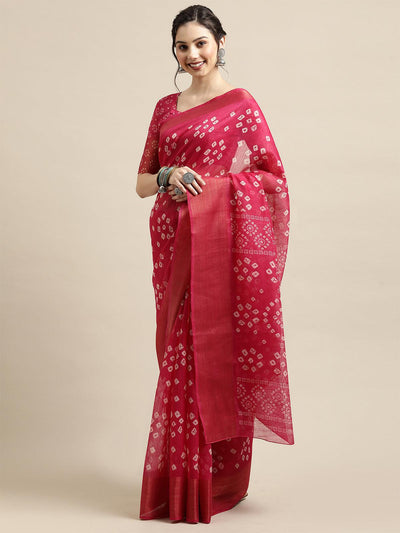 Pink Casual Semi Linen Printed Saree With Unstitched Blouse - Odette