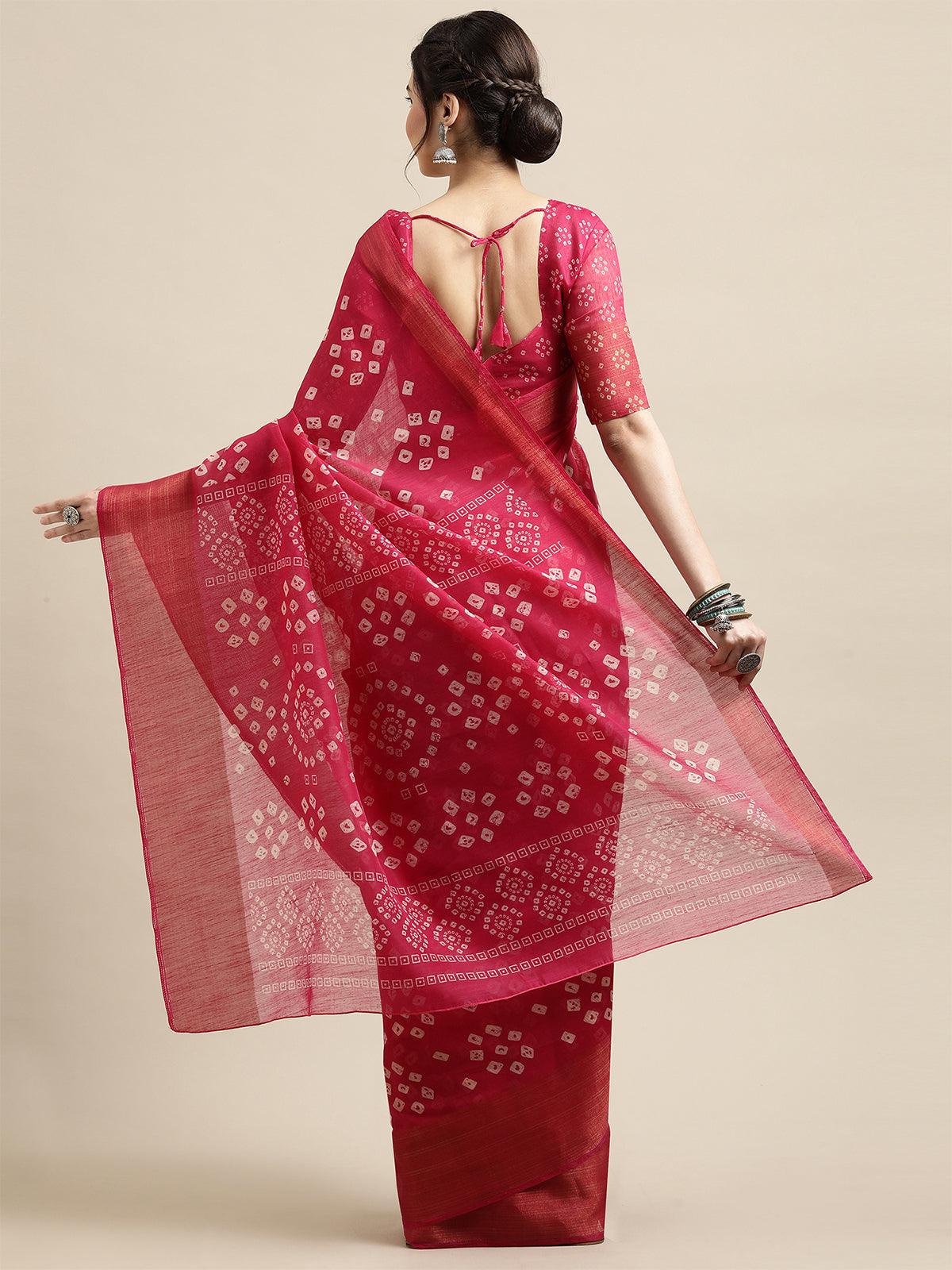 Pink Casual Semi Linen Printed Saree With Unstitched Blouse - Odette