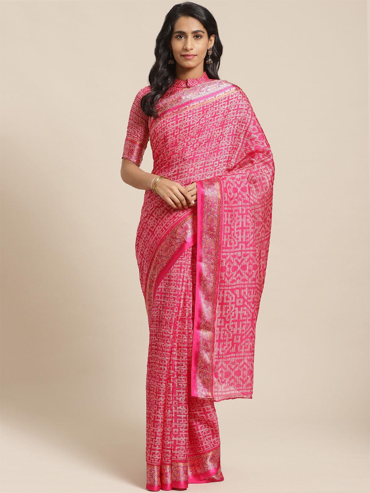 Pink Casual Silk Blend Printed Saree With Unstitched Blouse - Odette