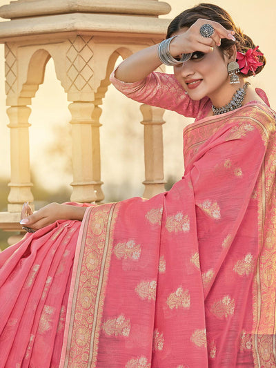 Pink Color Cotton Saree Pair With Cotton Blouse - Odette