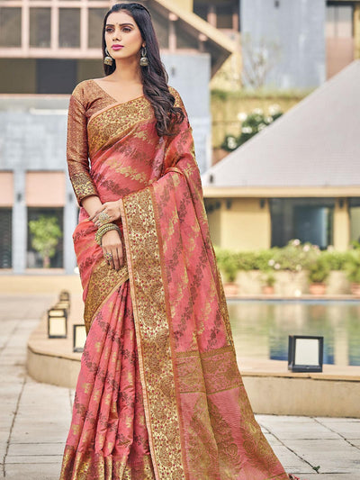 Pink Color Organza Saree With Blouse - Odette