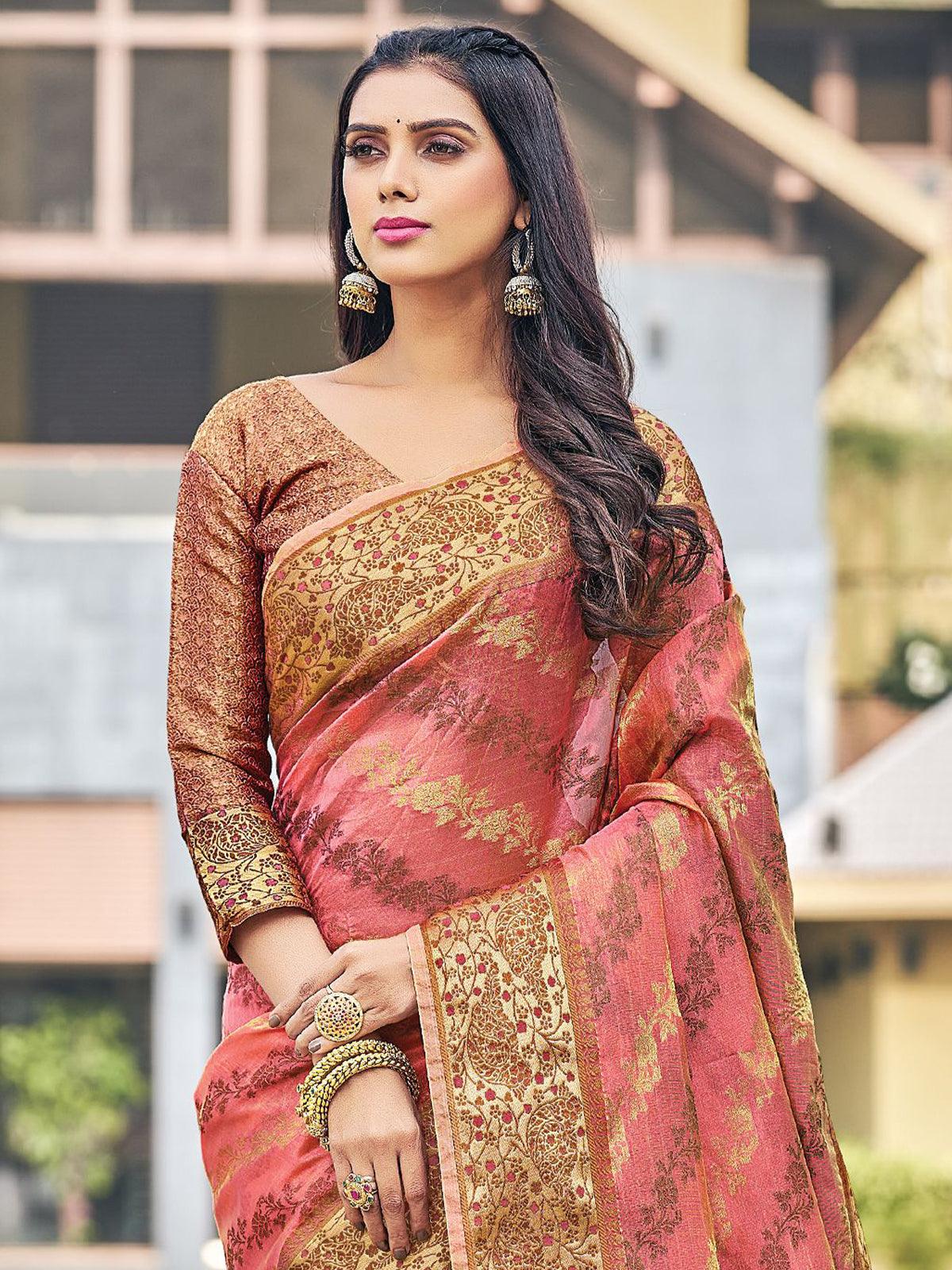 Pink Color Organza Saree With Blouse - Odette