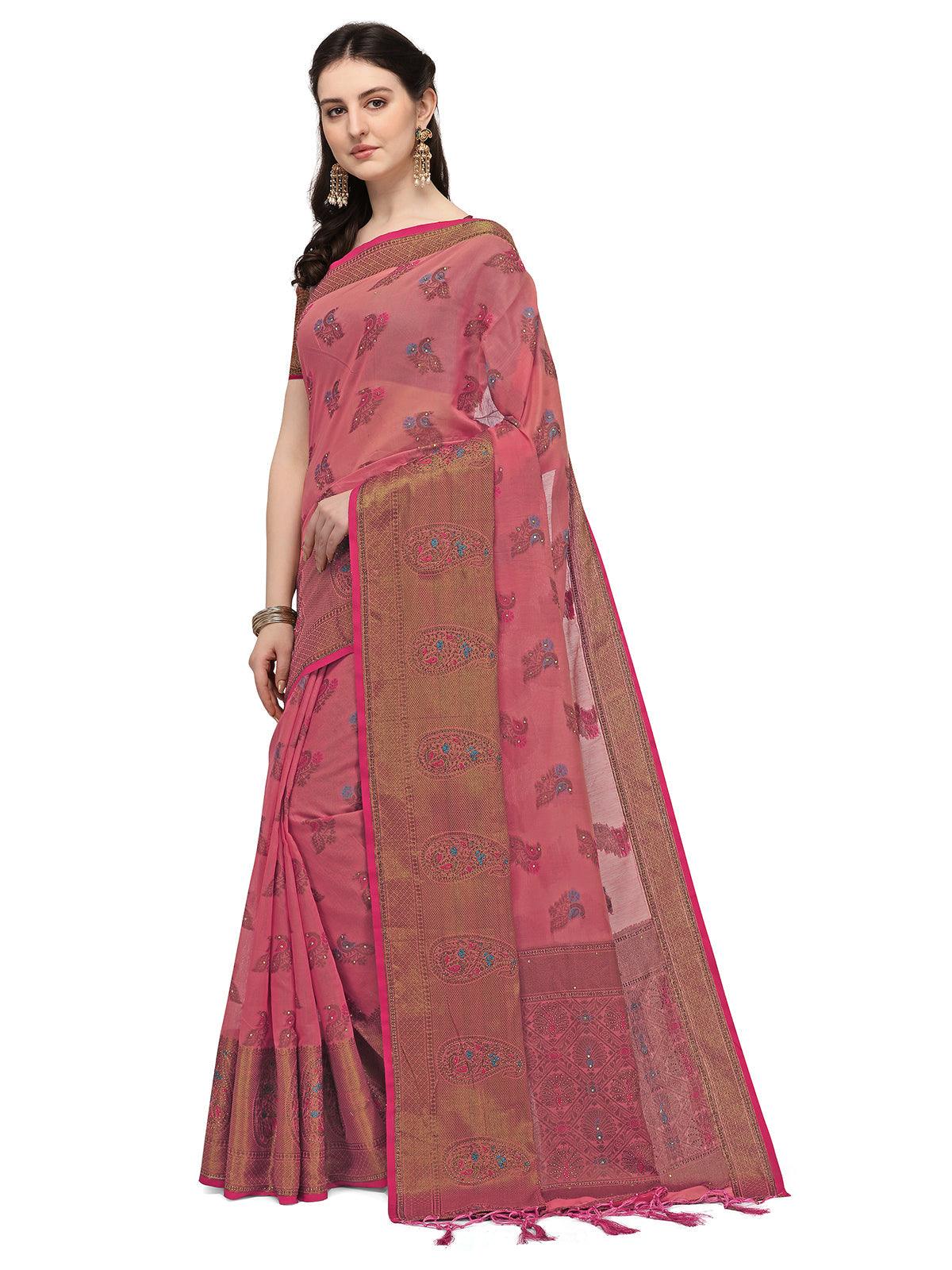 Pink Colour Banarasi Silk Madhubani Work Saree - Odette
