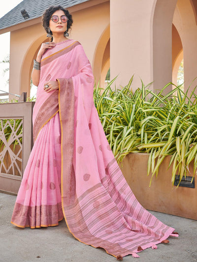 Pink Cotton Woven Design Saree With Blouse Piece - Odette