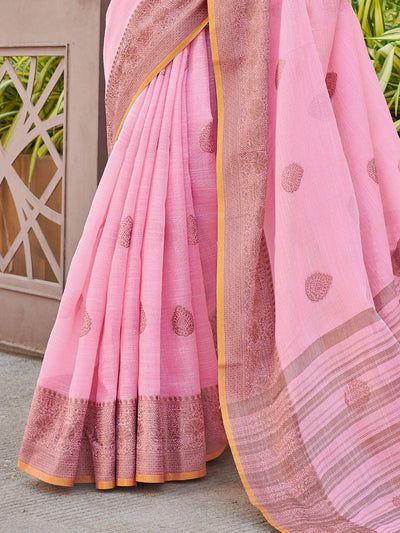 Pink Cotton Woven Design Saree With Blouse Piece - Odette