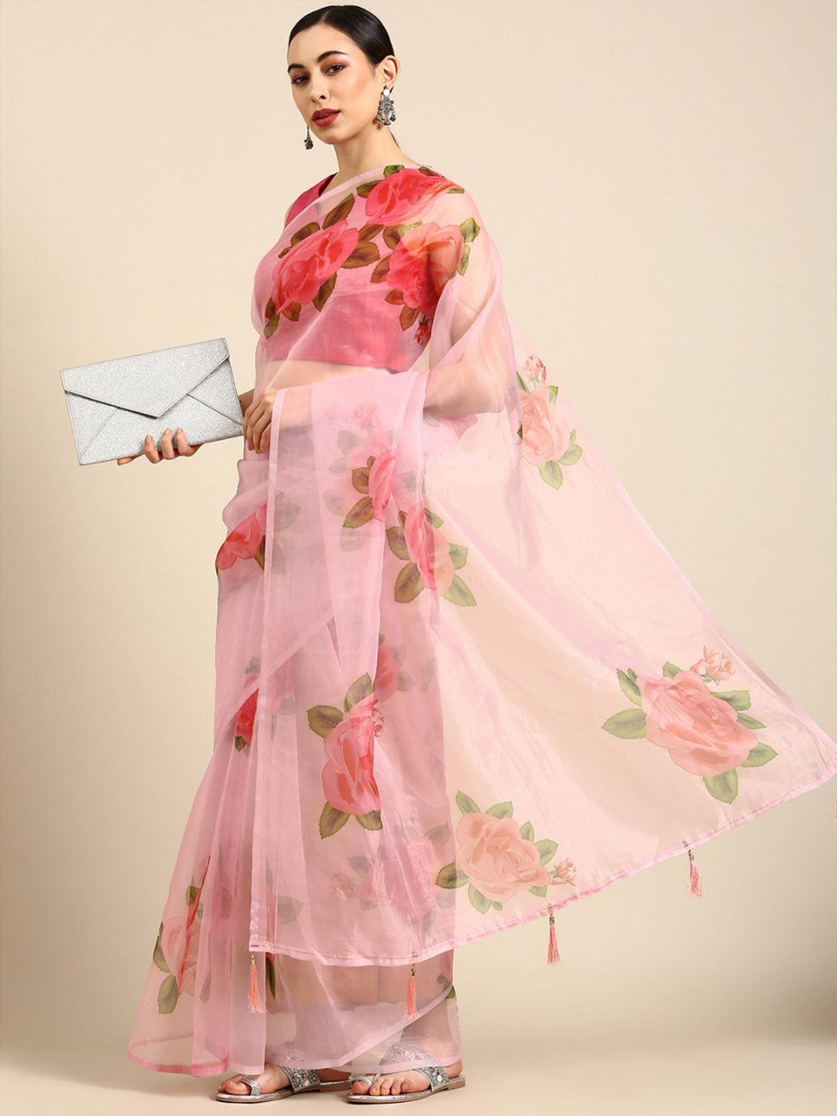 Pink  Digital Print Jute Silk Designer Saree - Odette