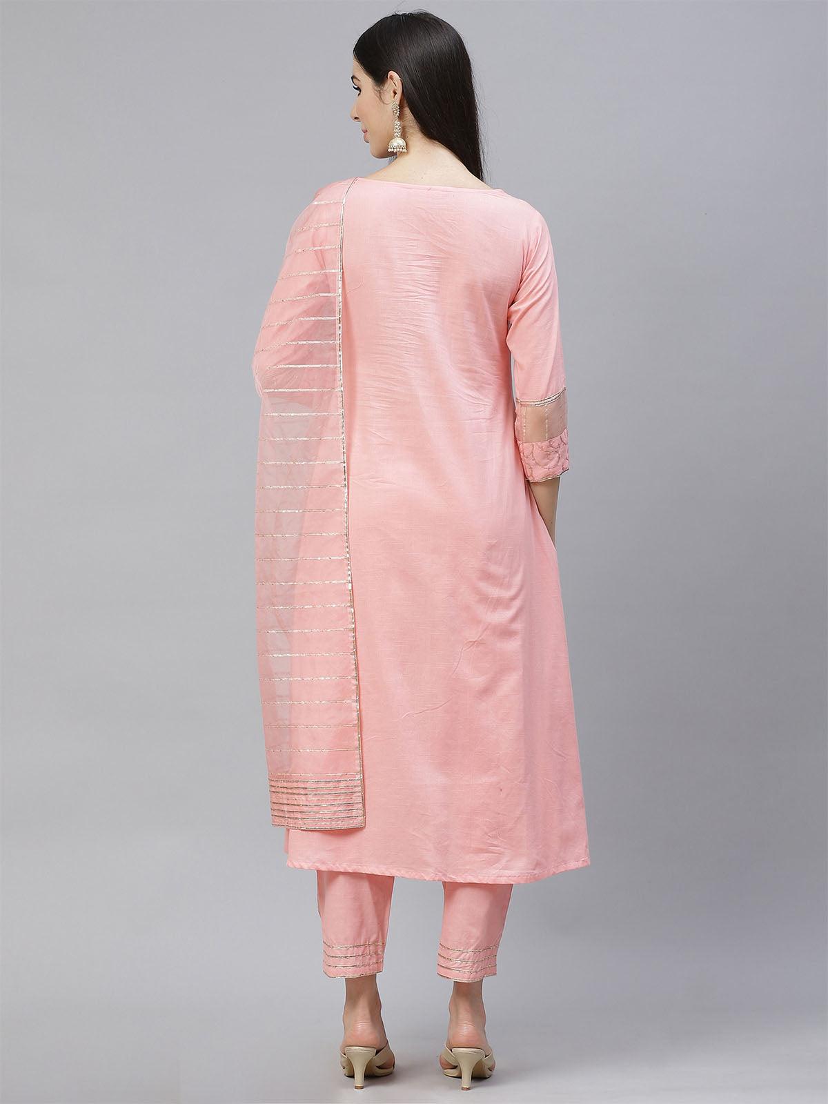 Pink Embroiderd Kurta With Palazzo And Duppatta Set - Odette