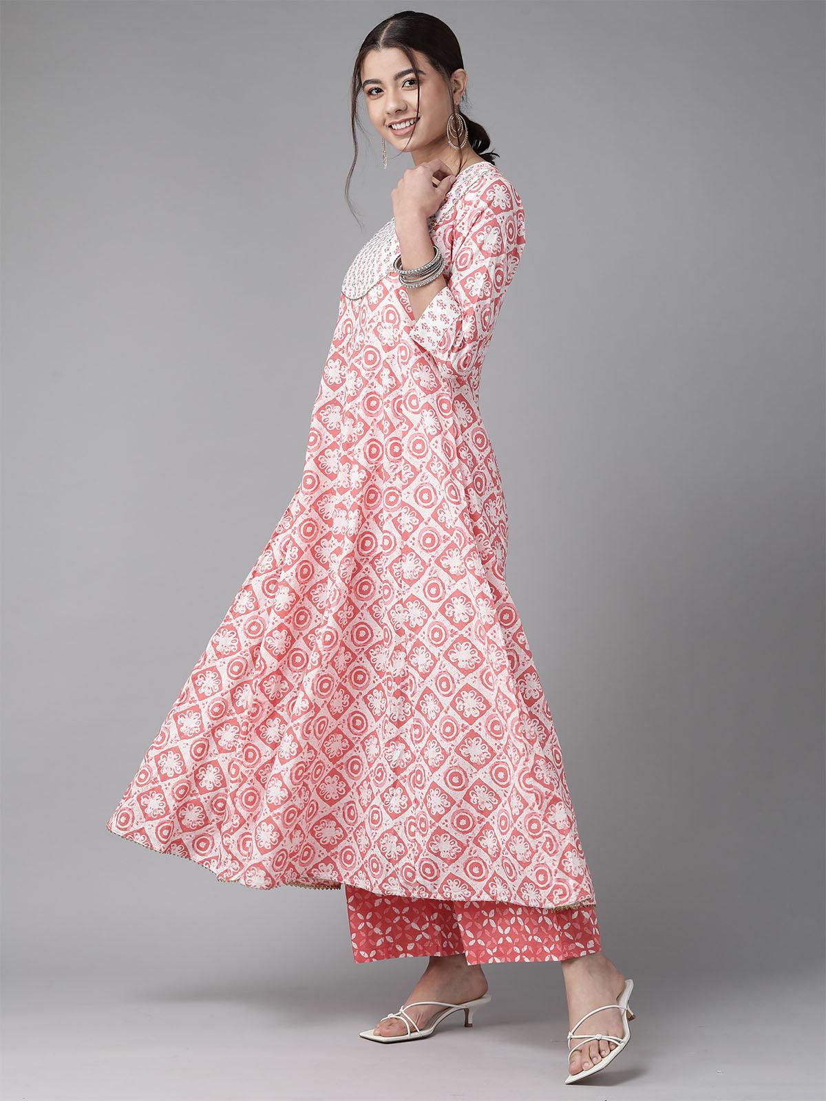 Pink Embroidered A-line Kurta Trouser With Dupatta Set - Odette