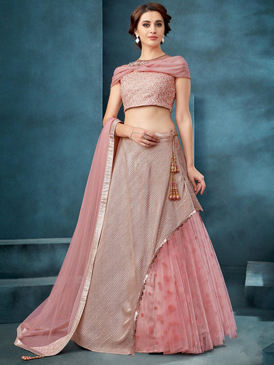 Pink Fancy Crush Fabric, Net Designer Lehenga Choli. - Odette