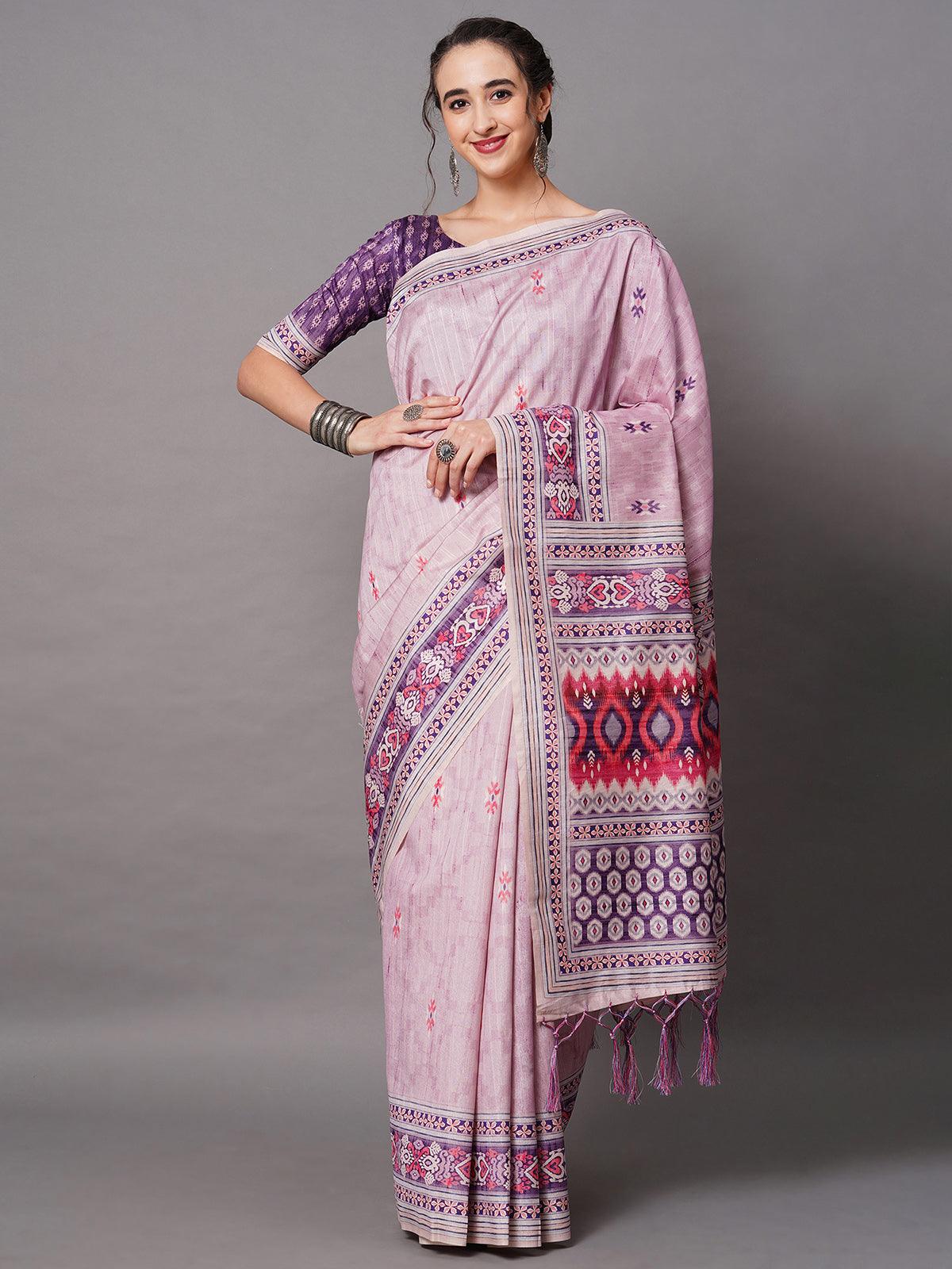 Pink Festive Bhagalpuri Silk Printed Saree With Unstitched Blouse - Odette