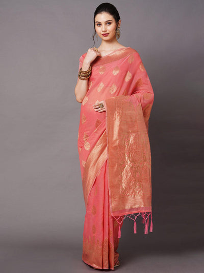 Pink Festive Cotton silk Woven Design Saree With Unstitched Blouse - Odette