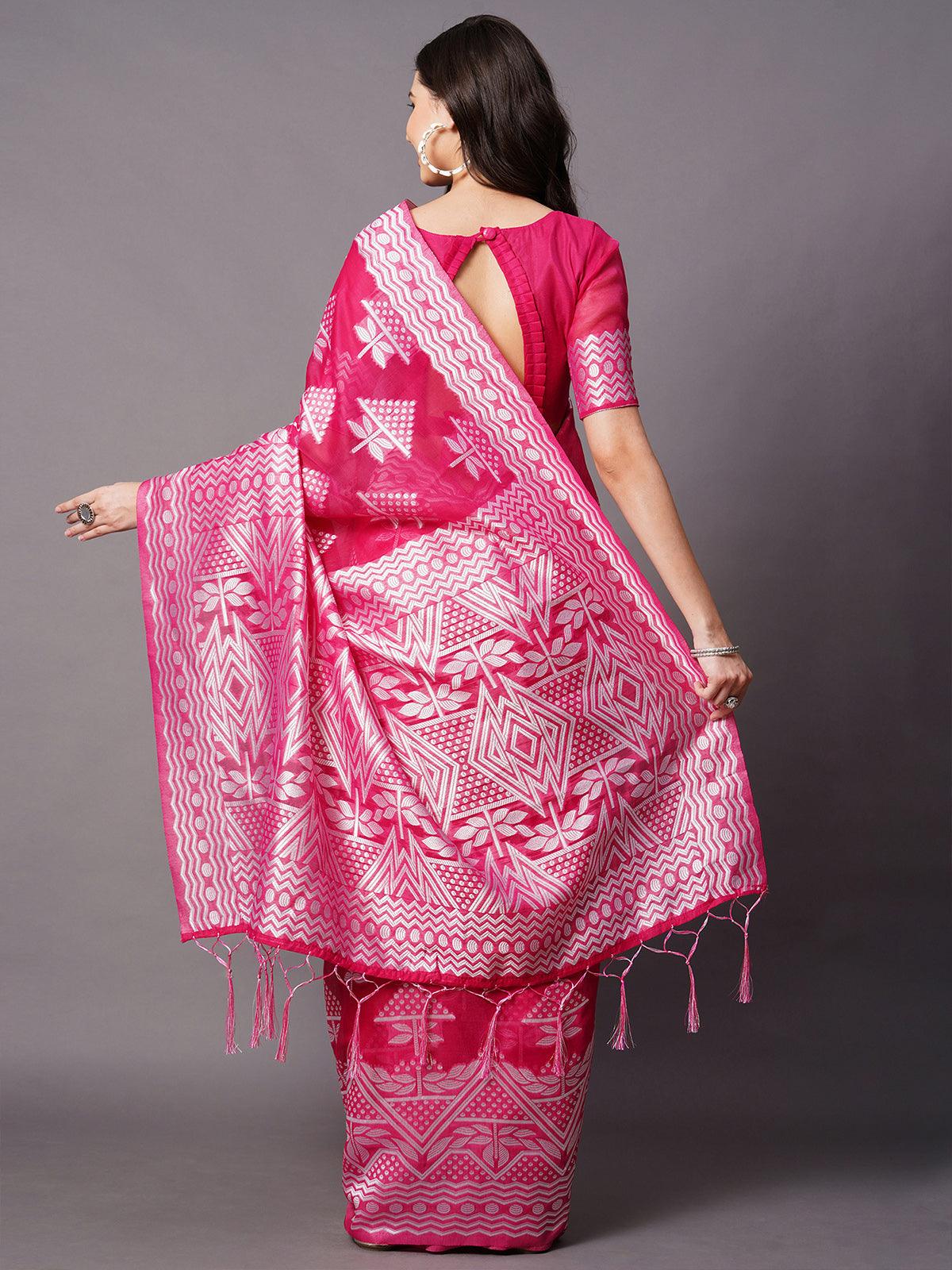 Pink Festive Cotton silk Woven Design Saree With Unstitched Blouse - Odette