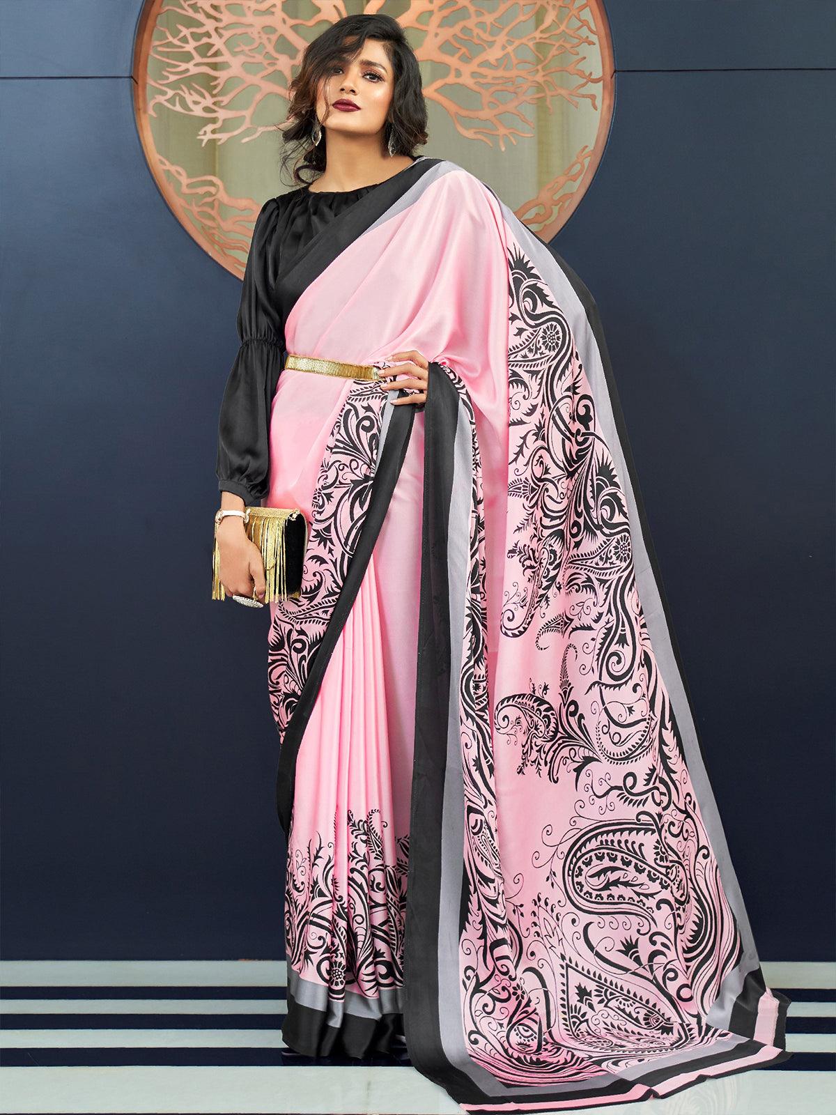 Pink Festive Crepe Printed Saree With Unstitched Blouse - Odette
