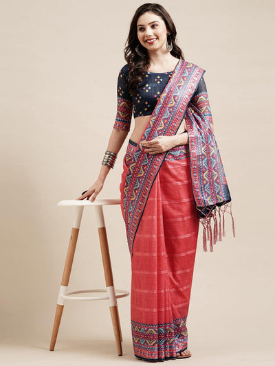 Pink Festive Linen Blend Printed Saree With Unstitched Blouse - Odette