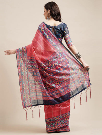 Pink Festive Linen Blend Printed Saree With Unstitched Blouse - Odette