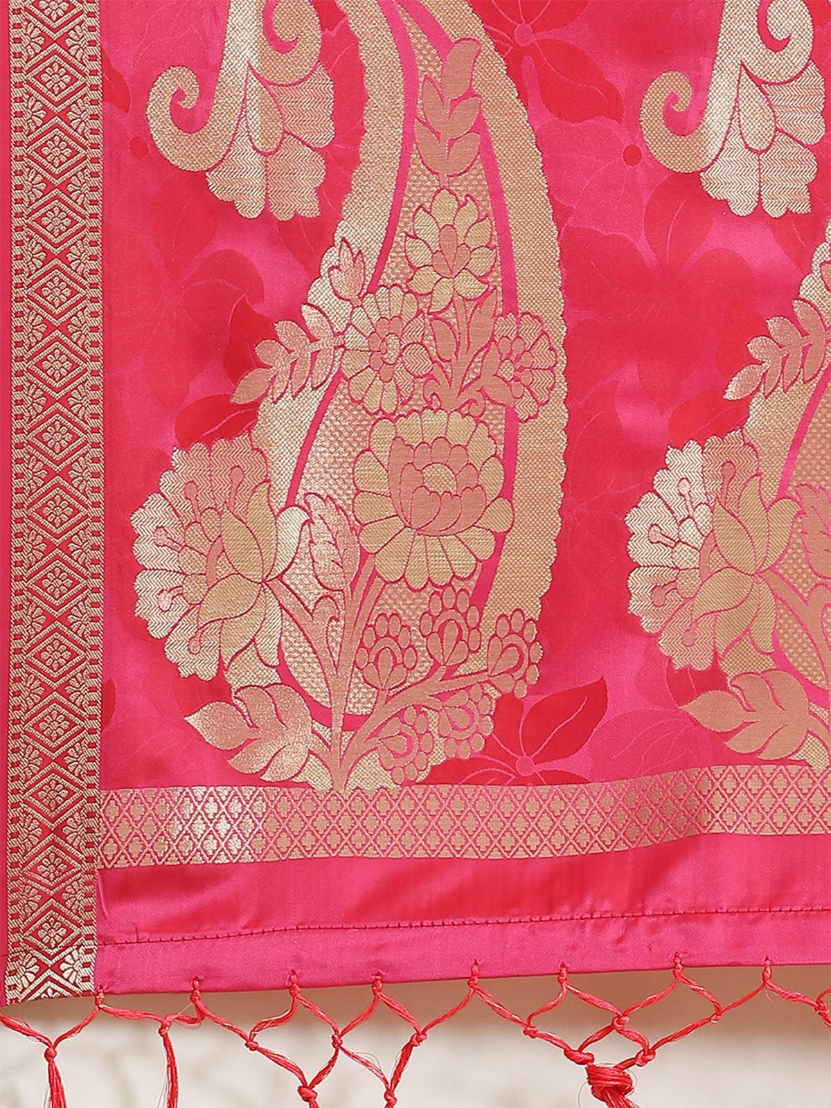 Pink Festive Pure Satin Woven Saree With Unstitched Blouse - Odette