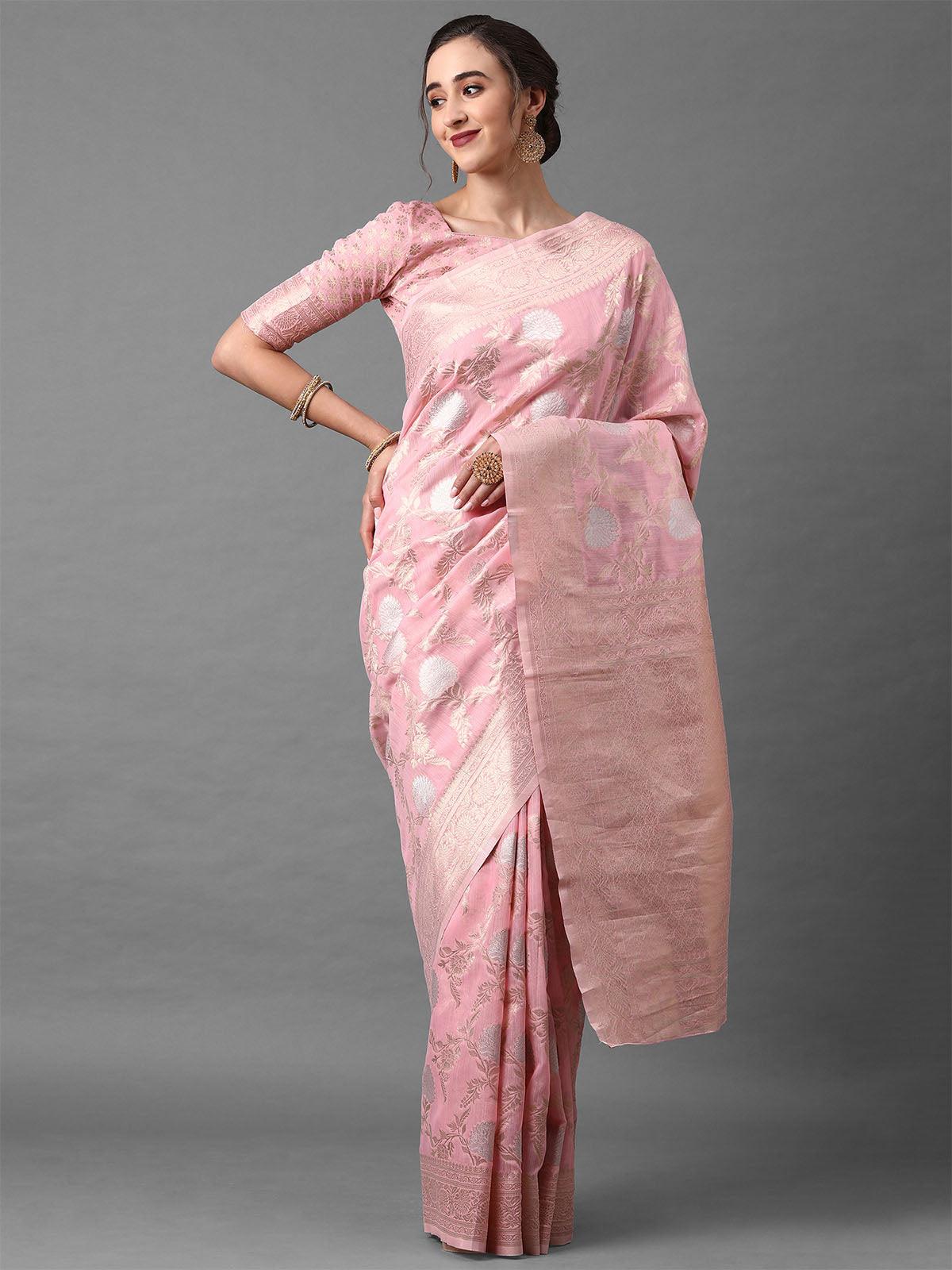 Pink Festive Silk Blend Banarsi Saree With Unstitched Blouse - Odette