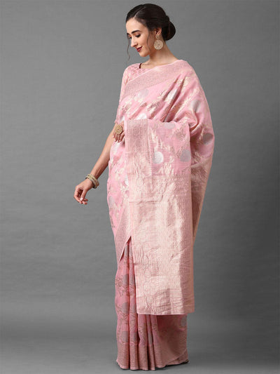 Pink Festive Silk Blend Banarsi Saree With Unstitched Blouse - Odette