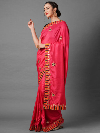 Pink festive Silk Blend Embroidered Saree With Unstitched Blouse - Odette
