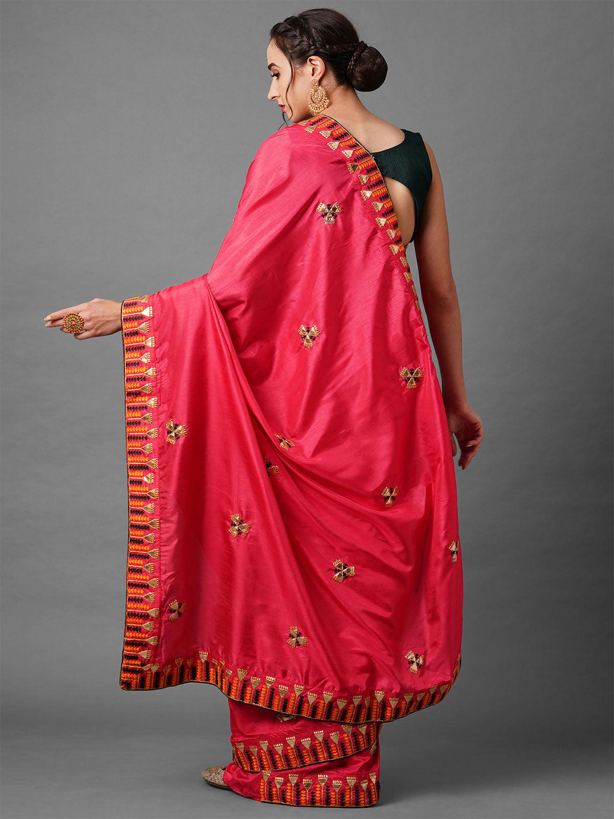 Pink festive Silk Blend Embroidered Saree With Unstitched Blouse - Odette