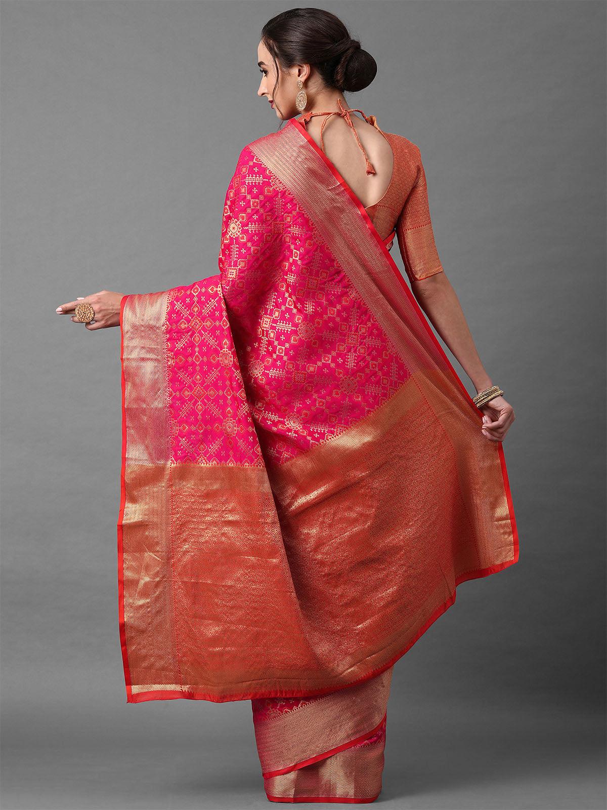 Pink Festive Silk Blend Geometric Saree With Unstitched Blouse - Odette