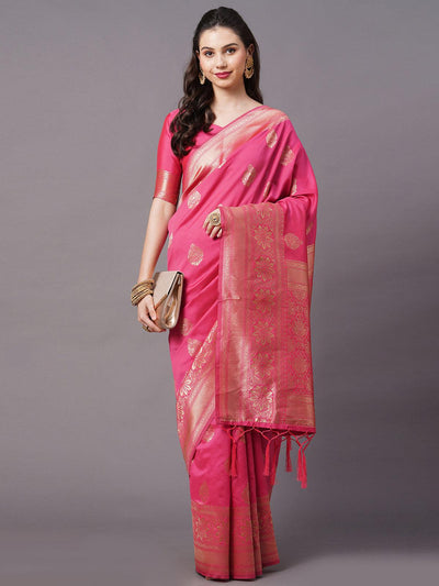 Pink Festive Silk Blend Woven Design Saree With Unstitched Blouse - Odette