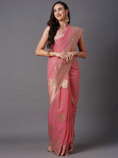 Pink Festive Silk Blend Woven Design Saree With Unstitched Blouse - Odette