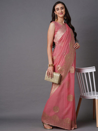 Pink Festive Silk Blend Woven Design Saree With Unstitched Blouse - Odette