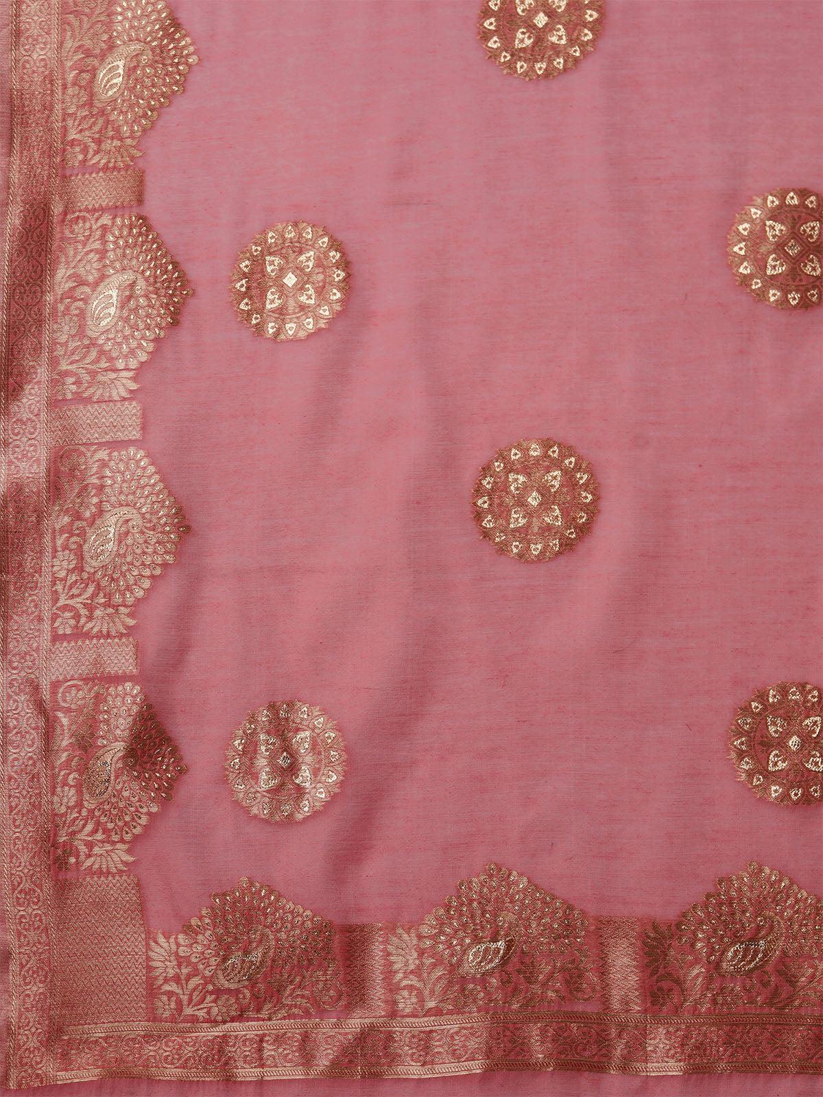 Pink Festive Silk Blend Woven Design Saree With Unstitched Blouse - Odette