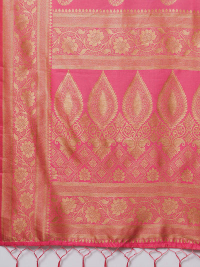 Pink Festive Silk Blend Woven Design Saree With Unstitched Blouse - Odette
