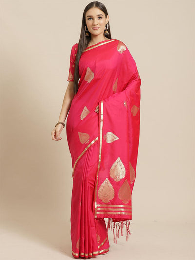 Pink Festive Silk Blend Woven Saree With Unstitched Blouse - Odette